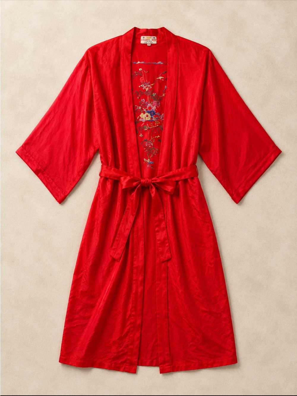Vintage Golden Bee Red Satin Embroidered Chinese Kimono Robe Medium